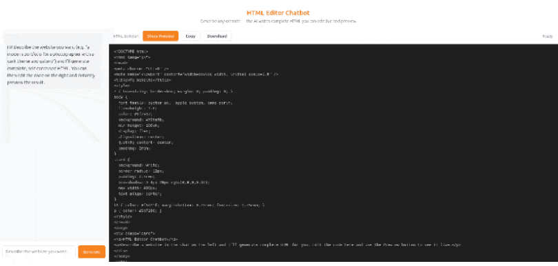 Animated screenshots put in a gif file of the LLM HTML editor chat bot that produces static HTML files on ai.registermysite.com which took Cloudflares llm-chat-app-template with some added features